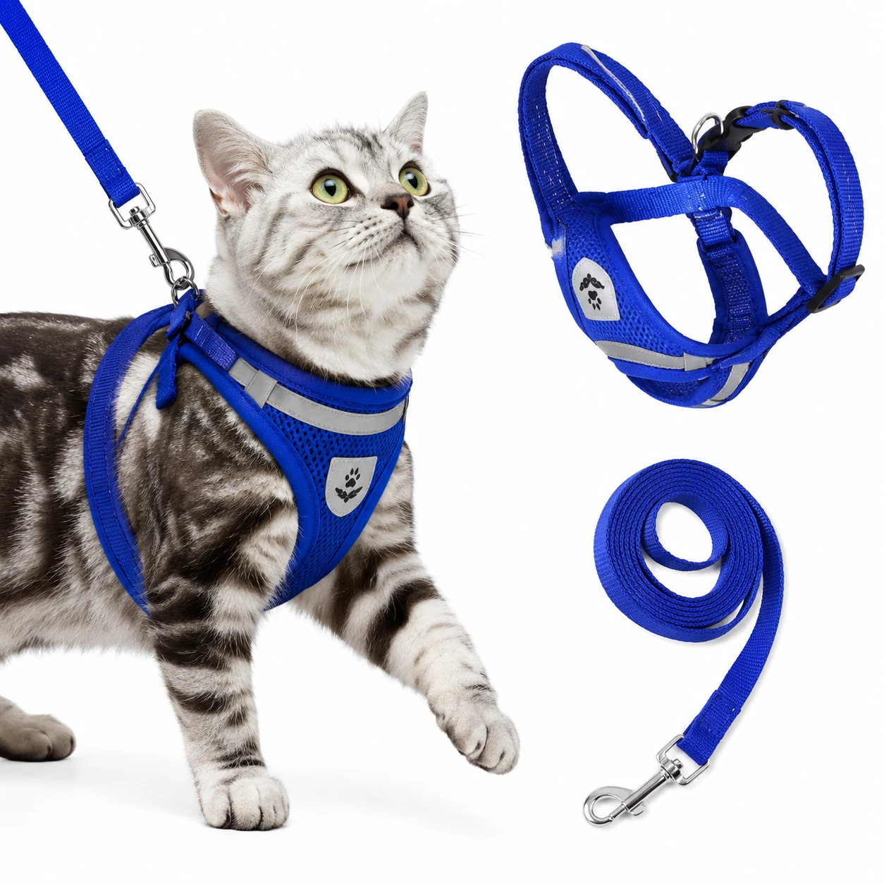BLUE Cat Harness Full Body With Leash Set Escape Proof Walking Harness for Cats