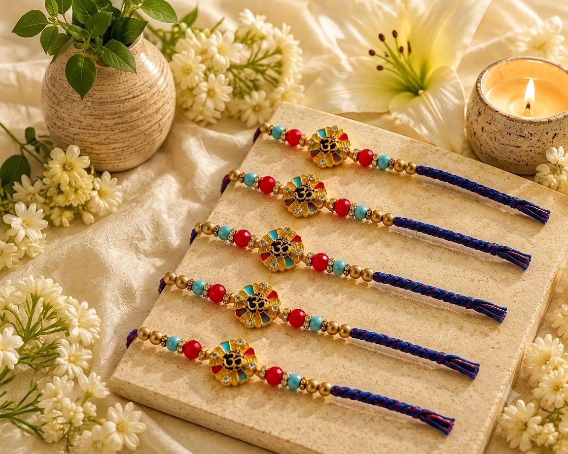 Rakhi for Brother Set of 5 | Om Designer Rakhi with Beads & Premium Thread | Raksha Bandhan Gift Combo for Bhai