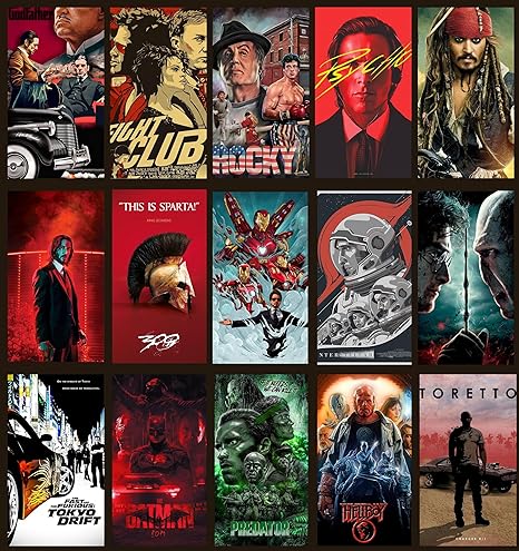 Hollywood Movie Wall Art Posters A4 Size Set of 15 | 350 GSM Premium Thick Paper Prints with Double-Sided Tape | Godfather Fight Club Rocky Decor for Bedroom | BLUEWALL DECOR
