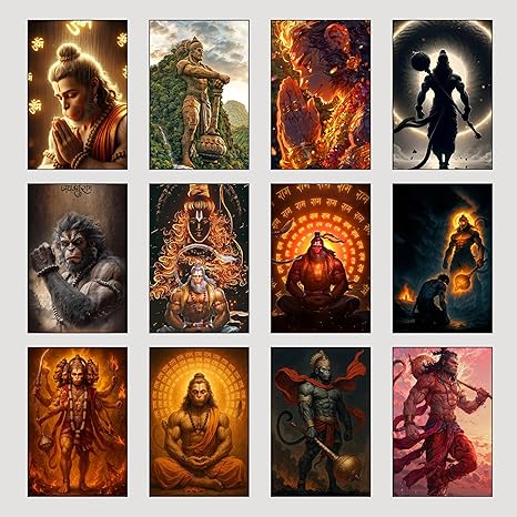 Hanuman Devotional Wall Posters Set of 12 | Bajrangbali Jai Shri Ram Religious Art Prints | Home Temple Spiritual Decor | BLUEWALL DECOR
