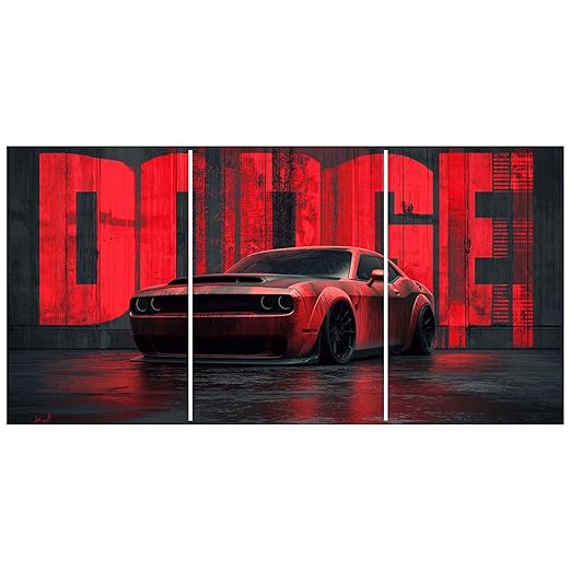 Red Muscle Car A3 Split Wall Poster Set | Night Street Automotive Artwork | 300 GSM Glossy Paper Wall Art for Bedroom Garage Office | BLUEWALL DECOR