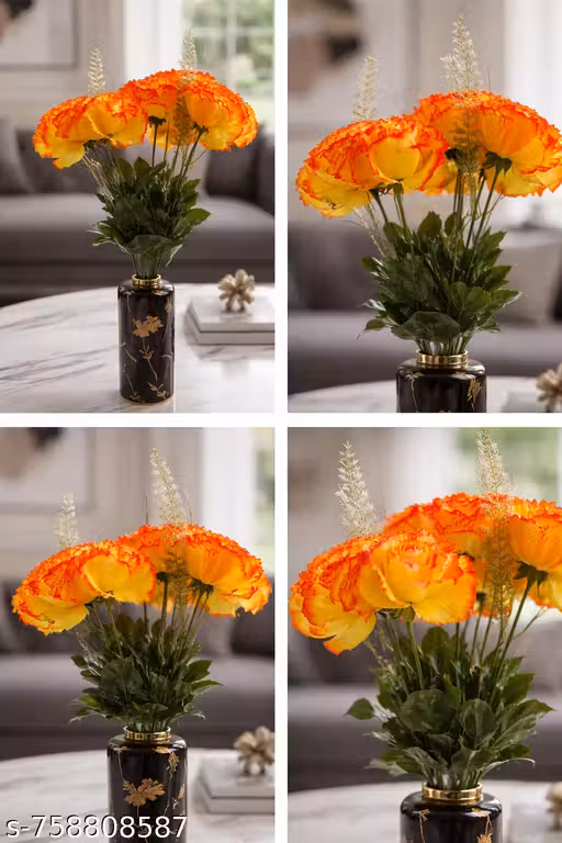 Premium Artificial Orange Yellow Flower Arrangement with Designer Black & Gold Vase