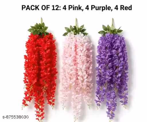 Artificial Wisteria Flower Hanging Vine Combo | 4 Pink, 4 Purple & 4 Red Floral Creeper Garland for Home, Wall & Wedding Decoration (Pack of 12)