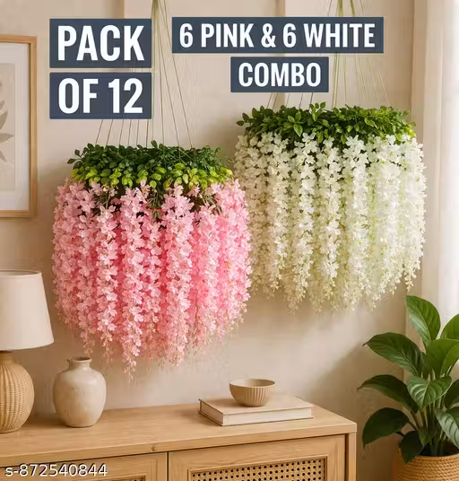 Artificial Wisteria Flower Hanging Vine for Home Decoration | 6 Pink & 6 White Combo Floral Creeper Garland for Wall, Balcony & Wedding Decor (Pack of 12)