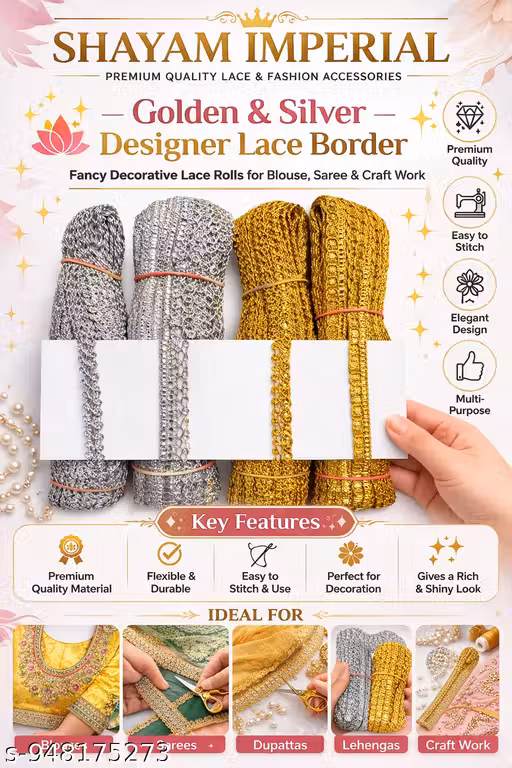 Lace Roll Combo | 2 Golden & 2 Silver Designer Lace Pack | Decorative Border for Saree Blouse Lehenga