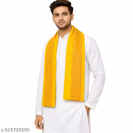 Yellow Sona Chandi Divine Gold Border Gamcha | Temple & Spiritual Wear Cotton Angavastram for Men (150×87 cm)