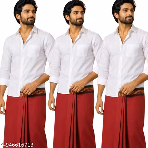 Traditional Red Cotton Dhoti Pack of 3 for Men | Daily Pooja & Ritual Use