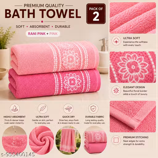 Pink & Peach Cotton Bath Towel Set (Pack of 2) | Soft Absorbent Quick Dry Towels for Bath, Gym & Travel | 140×70 cm | Floral Pattern