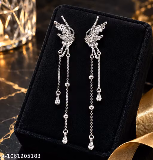 Women Silver Plated Fairy Wing Long Tassel Dangle Earrings, Stylish Liquid Metal Celestial Wing Cuff Earrings with Beaded Chain Extensions, Anti Tarnish Modern Fashion Statement Jewelry for Girls