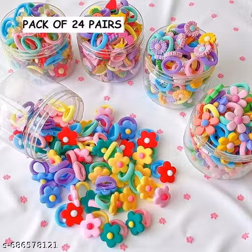 Colorful Flower Design Elastic Hair Bands – Rubber Bands & Hair Accessories for Baby Girls, Toddlers, Kids, and Women (Assorted, Pack of 24 Pairs)