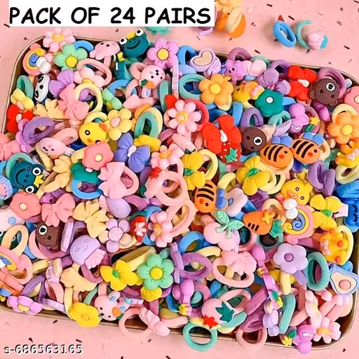 Cartoon Character Hair Accessories – Fun Elastic Hair Bands for Kids, Baby Girls & Women | Cute & Colorful Hair Ties (Random Designs, Pack of 24 pairs)