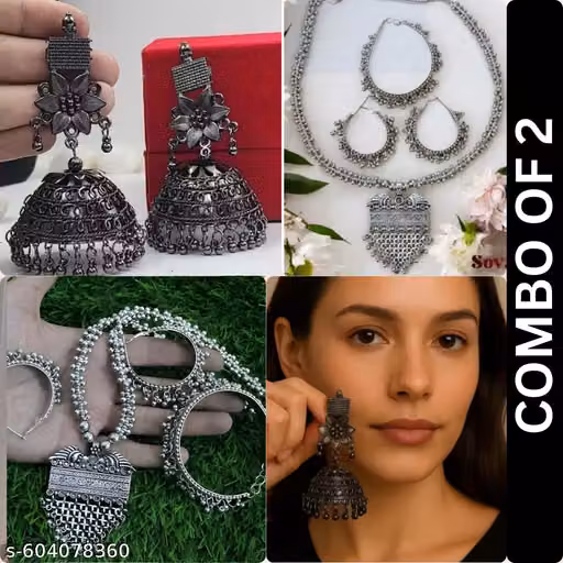Premium Glowlook Oxidised Silver Heavy Necklace and Jhumka Combo of 2 for Women Traditional Square Pendant Structural Choker Extra Large Umbrella Dome Hanging Jhumkis Crescent Hoop Bali Bangle Pack for Girls Aesthetic Ethnic Tribal Jewellery Set Black Met