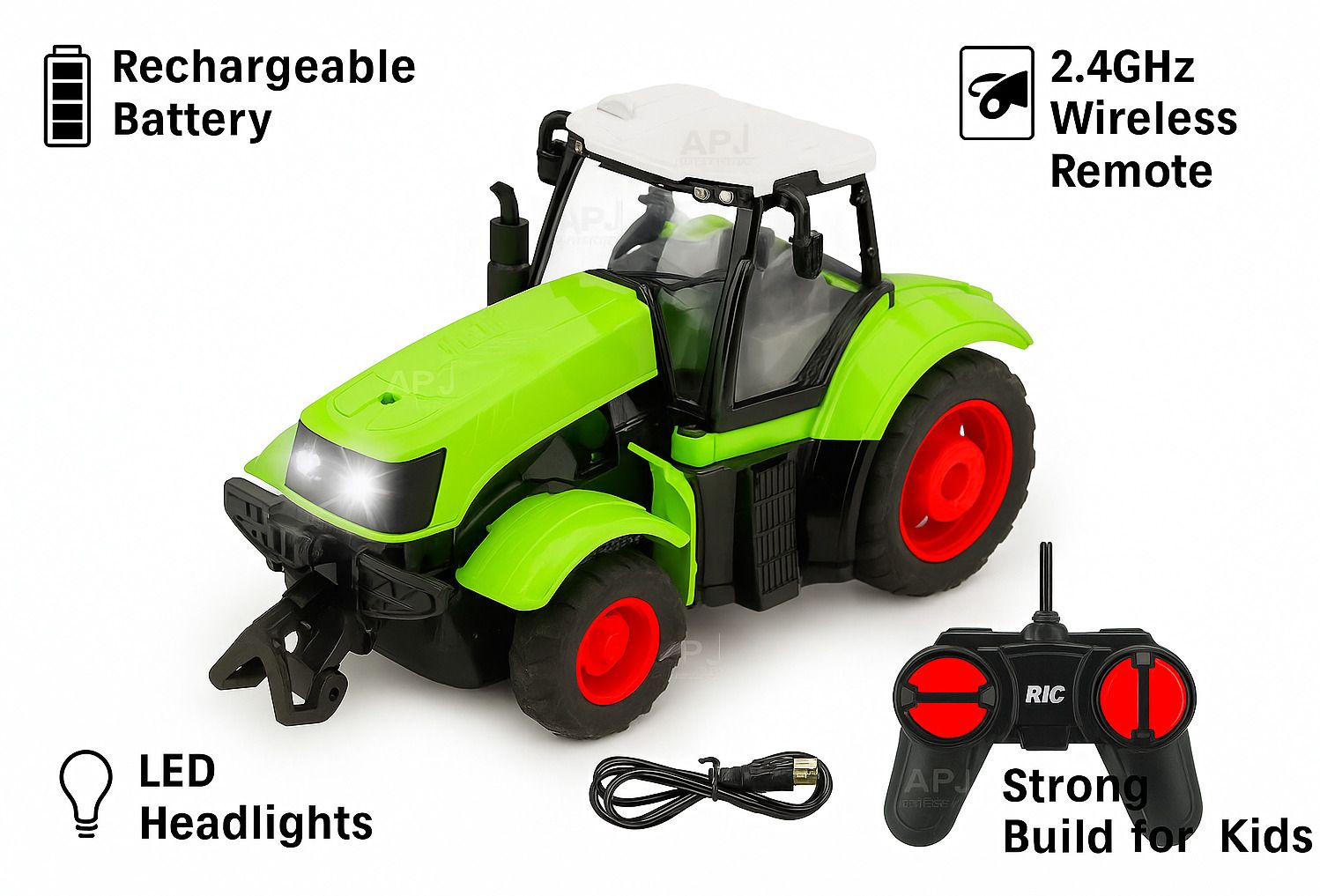 Remote Control Tractor Toy with Trailer, LED Light, Rechargeable Battery, Green