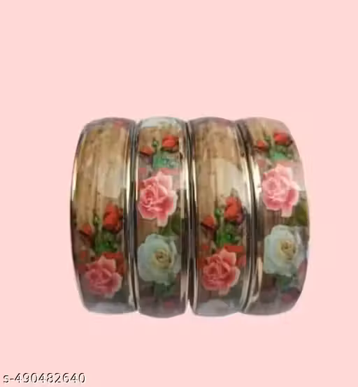 Glass Floral Print Kangan Set For Women & Girls | Casual Wear Bangles Pack of 4