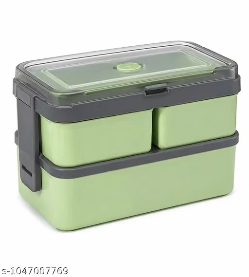 Generic Plastic Double Decker Lunch Box with 2 Spoons | 3 Container 1400ml School Office Tiffin Box