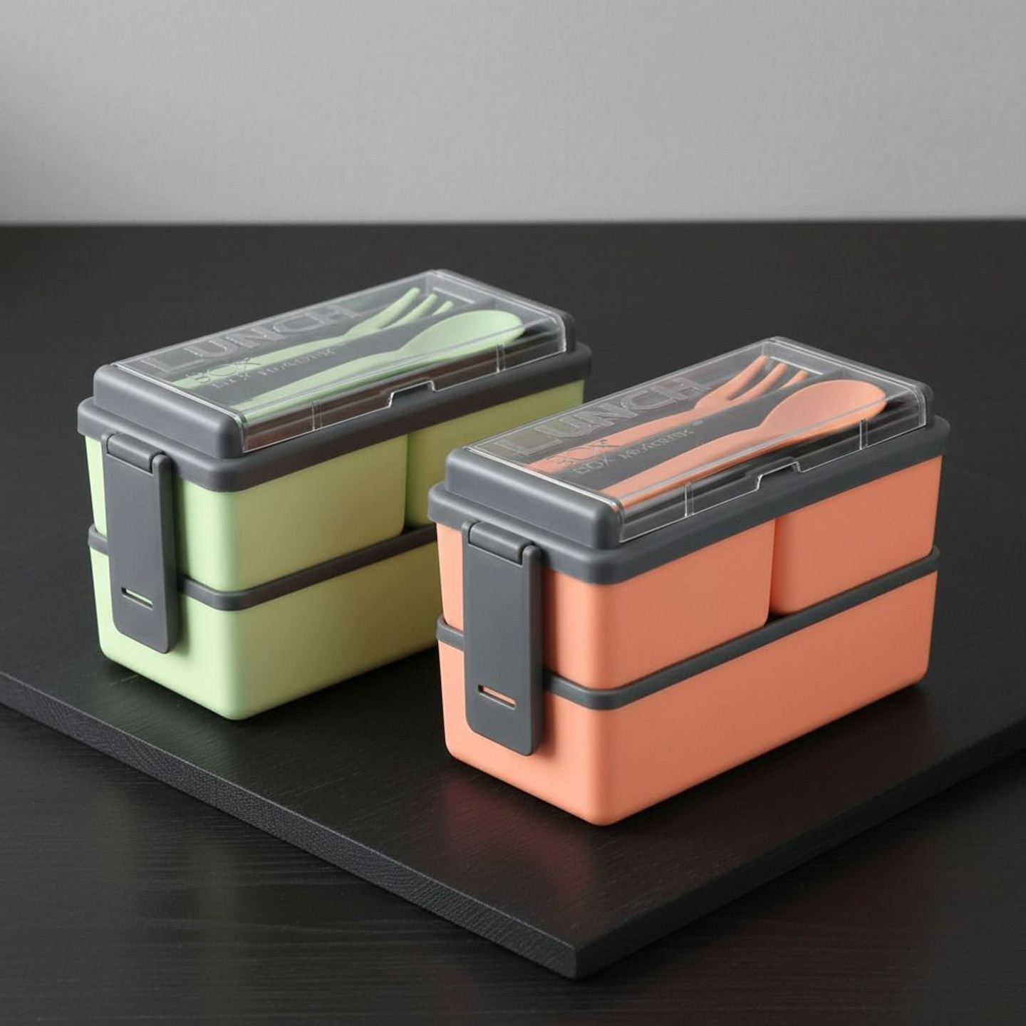 LAZYwindow Plastic Double Decker Lunch Box with 2 Spoons | 3 Containers Plastic School Lunch Box (1400 ml, Microwave Safe)