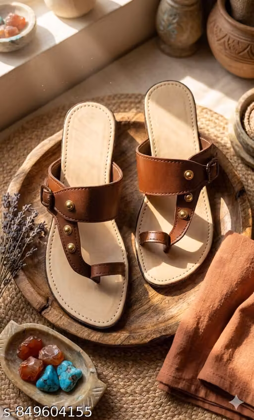 Classic Tan Faux Leather Kolhapuri Style Flats for Women Sliper's