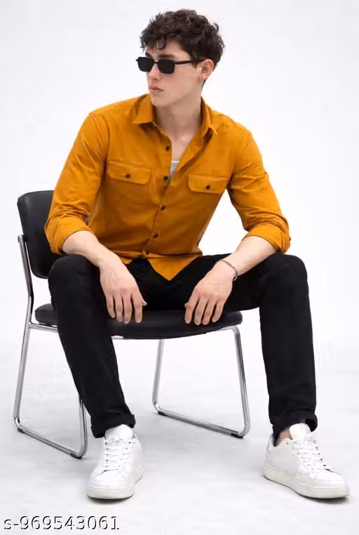 Mustard Yellow Double Pocket Shirt for Men | Cotton Slim Fit 2 Pocket Long Sleeve Casual Shirt