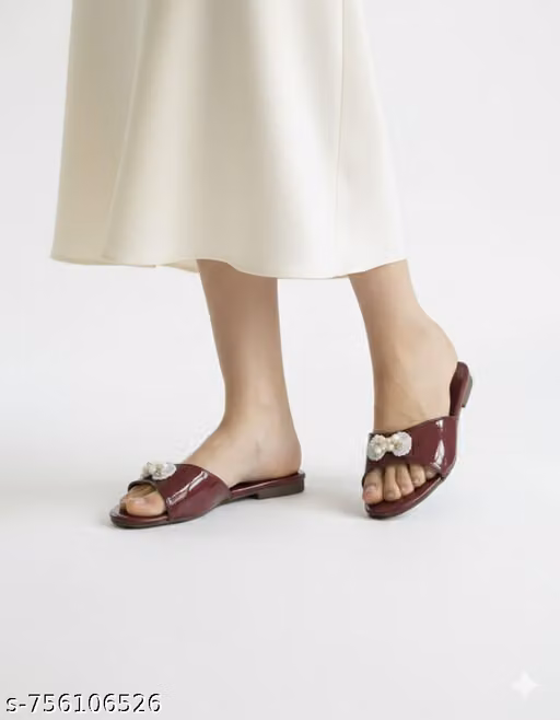 Stylish Open-Toe Comfort Slippers for Women - Maroon Embellished Flats