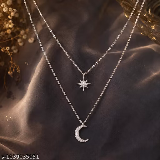 Silver Plated Crescent Moon & Star Pendant Layered Necklace for Women | Korean Double Chain Designer Necklace for Girls | Elegant Celestial Theme Jewelry | Lightweight Comfortable Premium Necklace | Ideal Gift for Diwali, Christmas, New Year, Birthday and