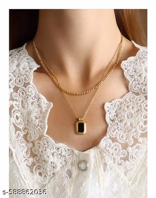 Gold Plated Double Layered Chain Square Black Pendant Necklace
