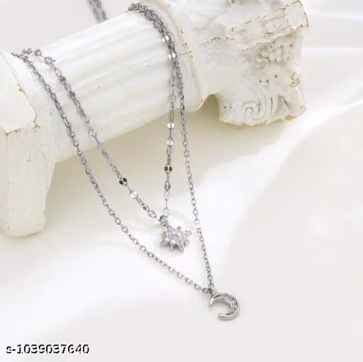 Korean Style Double Layered Silver Pendant Chain | Aesthetic Crescent Moon & Starburst Charm Neckpiece for Women | Trendy Minimalist Western Fashion Jewellery for College, Casual Outfits, Instagram Looks & Nightouts for Teen Girls
