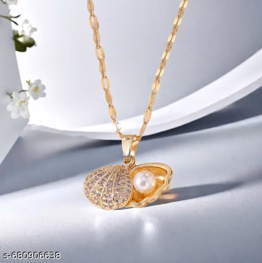 Beautiful Gold Tone Ocean Theme Shell Necklace with Pearl Inside and Crystals Studded Exterior Shell Design for Girls & Women