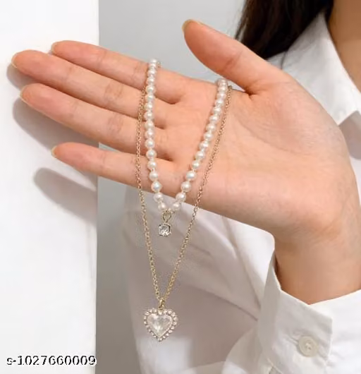 Double Layer Heart Pendant Necklace with Pearl Chain for Women & Girls | Premium 18K Gold Plated Anti Tarnish Necklace | Korean Inspired Stainless Steel Chain Featuring Heart Pearl Pendant & Sparkling Crystal Accent | Stylish Jewellery Gift for Wedding, C