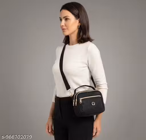 Luxury Women Black Crossbody Sling Bag - Stylish Waterproof Nylon Shoulder Bag with Headphone Slot & Multi-Pockets