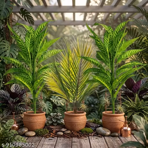 Artificial Tropical Plant Set of 3 ( WITHOUT POTS ) | Mixed Palm & Variegated Leaf Stems | Realistic Green Decorative Plants for Home & Office