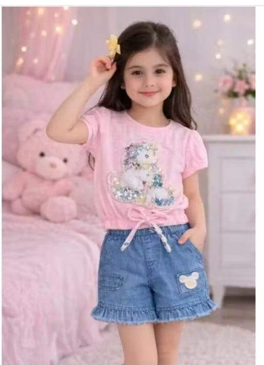 Little Muffs Girls Unicorn Printed Top With Denim Shorts Stylish Summer Set