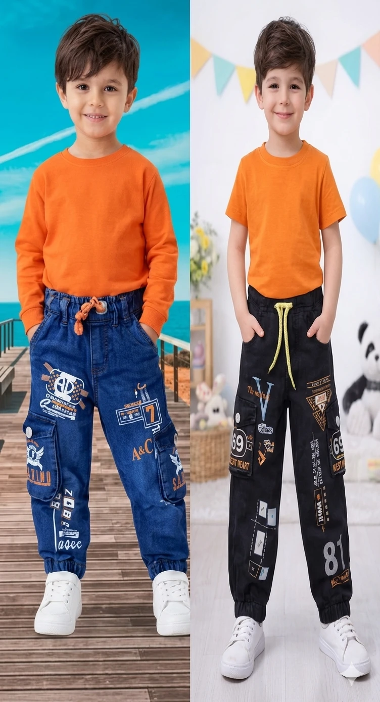 Little Muffs Kids Denim Jogger Blue Black Stylish Casual Wear
