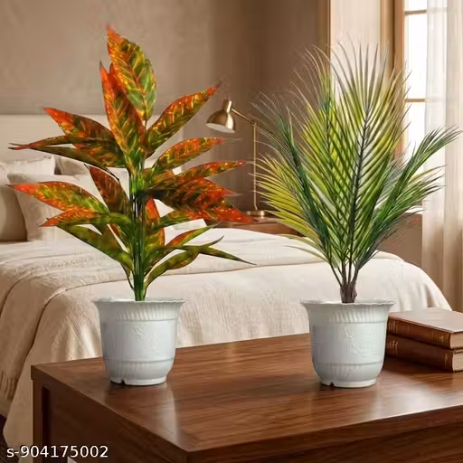 Artificial Croton & Palm Plant Combo in Designer White Embossed Pots | Decorative Indoor Plants for Home & Office (Pack of 2)