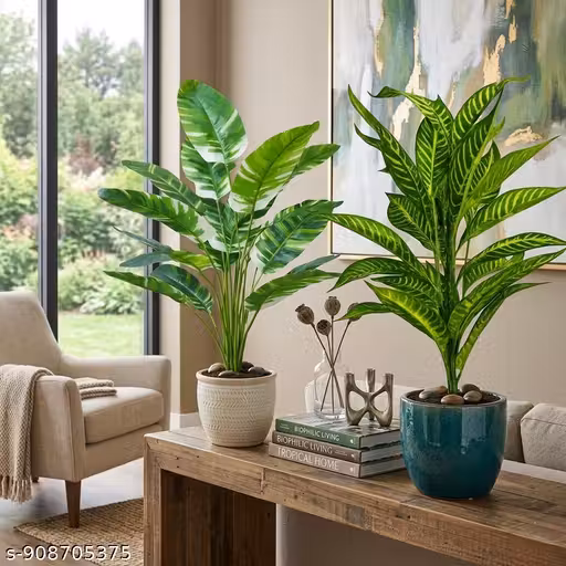 Artificial Indoor Plants Set of 2 ( WITHOUT POT ) – Realistic Green Decorative Foliage for Home & Office Décor
