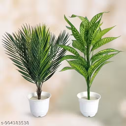 Artificial Palm & Dieffenbachia Plant Combo in White Pots | Realistic Indoor Decorative Plants for Home & Office (Pack of 2)