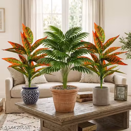 Artificial Croton & Areca Palm Plant Combo (Set of 3)( WITHOUT POTS ) – Realistic Indoor Decorative Plants Without Pot
