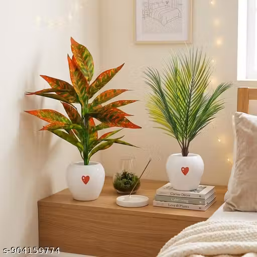Artificial Croton & Palm Plant Combo with White Heart Design Pot | Decorative Indoor Plants for Home & Office (Pack of 2)