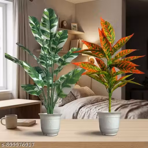 Premium Lifelike Artificial Plant Duo – Realistic Faux Foliage with Modern White Pots – Set of 2 Vibrant Decorative Plants for Living Room, Office, and Indoor Spaces.