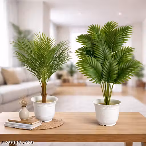 Set of 2 Artificial Palm Plants with White Pots | Realistic Indoor Decorative Plants for Home, Office, Living Room & Table Décor