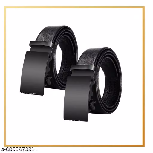 Men's Premium Black Auto-Lock Leather Finish Belts - Pack of 2 | Formal & Casual Ratchet Belt Combo