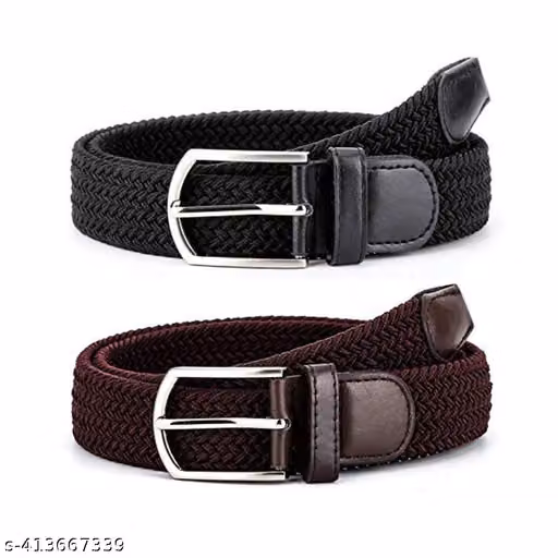 Pack of 2 Unisex Premium Braided Elastic Stretchable Belts - Stylish Black & Dark Brown Combo (Free Size)