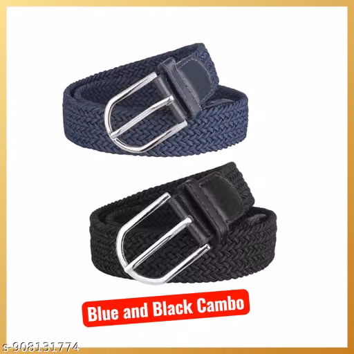 Women Elastic Stretch Belt Combo (Blue & Black) | Adjustable Braided Waist Belt for Jeans, Dresses & Casual Wear