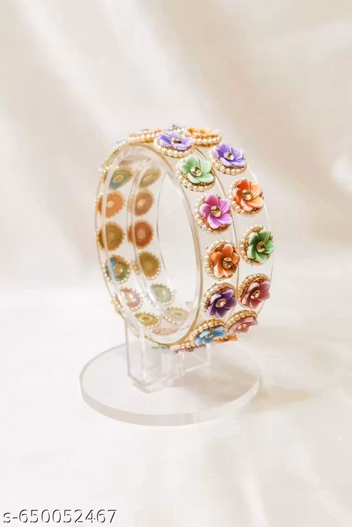 Women's White Borosil Glass Kada – Multi-Color Flower Design | Elegant Trendy Bangles (Set of 2)