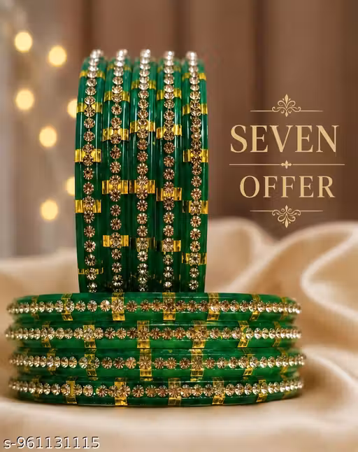 8 Pcs Plastic Green Kada Atractive and glosy Crystall Glass Bangle Golden Metal Kashmiri Set Jwellary,chudi,chuda,punjabi chooda,Rajasthani Chuda,bridal Set,Kangan