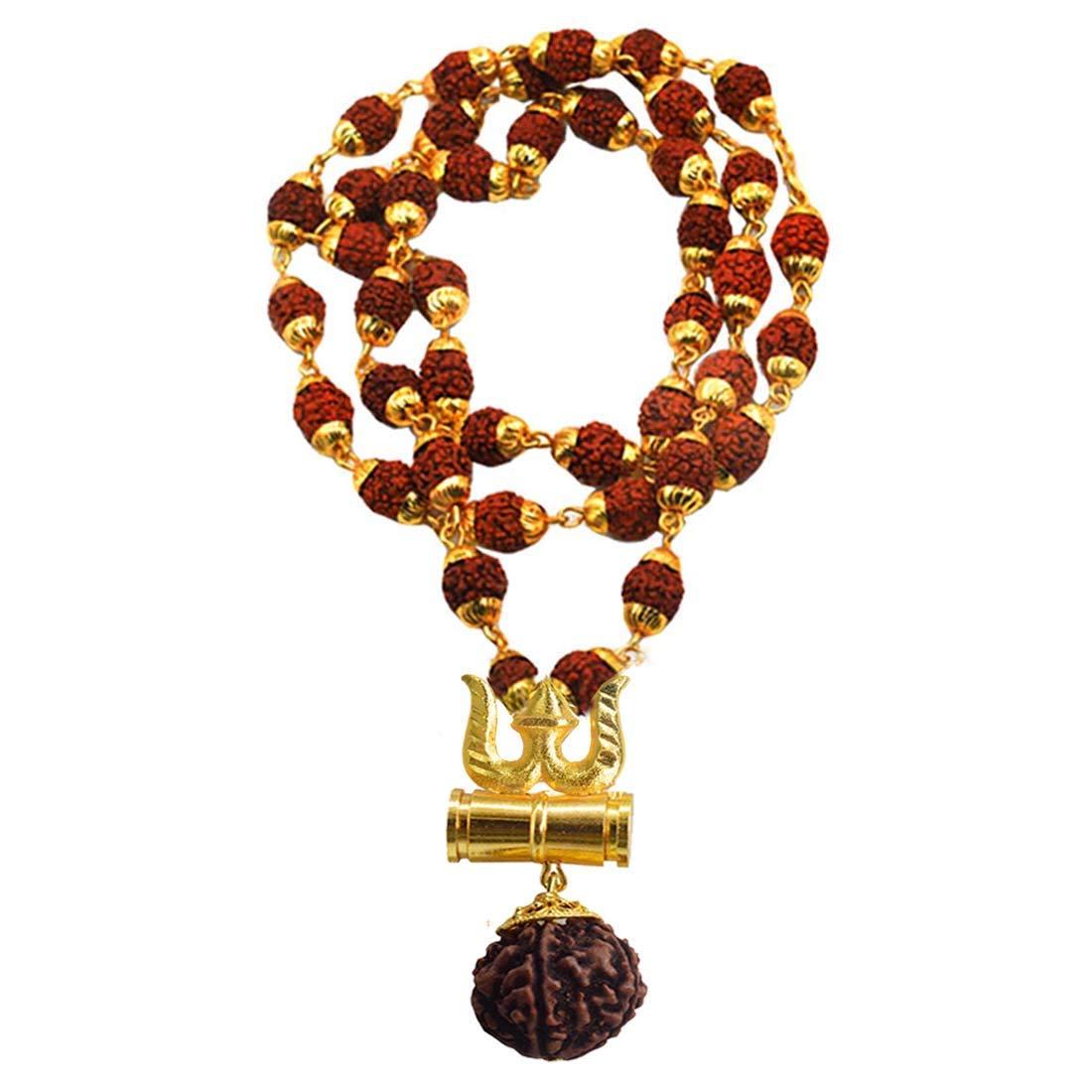 Mahakaal Kavach / Kawach Trishul Damru (Damaru) 5 Mukhi Rudraksha Locket/Pendant Shiv Shakti in 5 faced Rudraksha mala