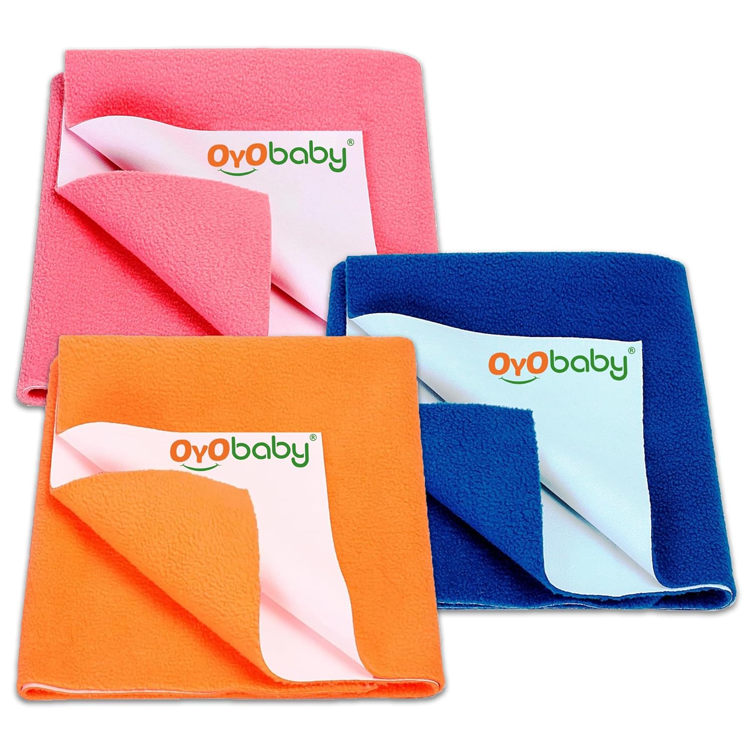 OYO BABY Waterproof Sheet, Extra Absorbent Fastest Dry Sheet for Baby, Anti-Piling Fleece Baby Bed Protector, Medium Size 70x100cm, Pack of 3, Salmon Rose, Royal Blue & Peach