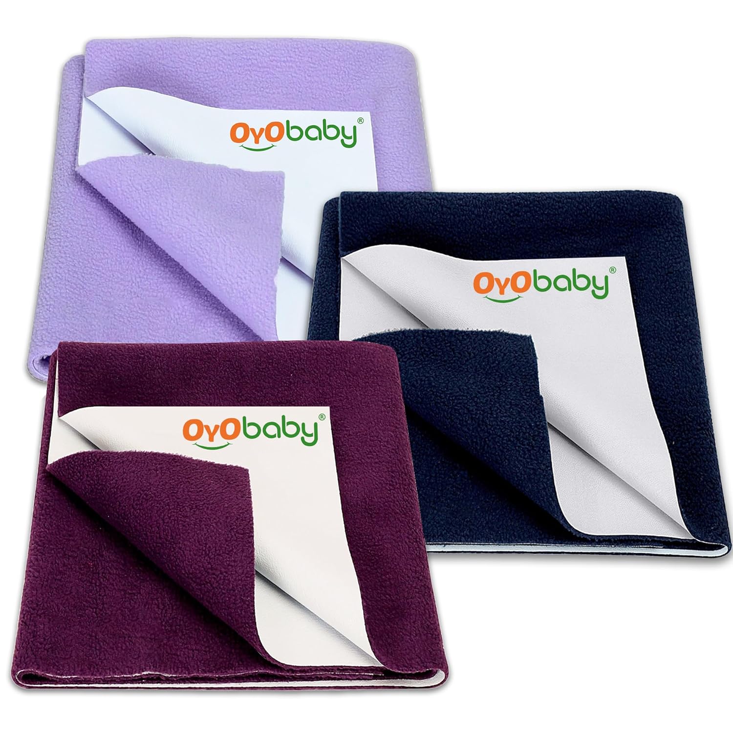 OYO BABY Anti-Piling Fleece Extra Absorbent Instant Dry Sheet for Baby, Baby Bed Protector, Waterproof Sheet, Medium Size 100 x 70cm, Pack of 3, Dark Blue, Plum & Voilet