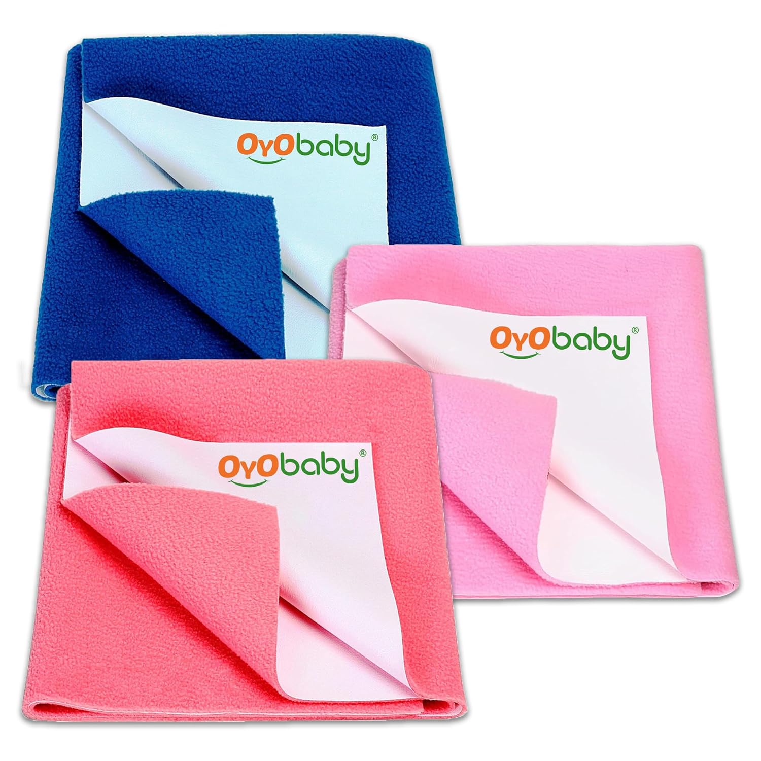 OYO BABY Anti-Piling Fleece Extra Absorbent Instant Dry Sheet for Baby, Baby Bed Protector, Waterproof Sheet, Small Size 50x70cm, Pack of 3, Pink, Salmon Rose & Royal Blue