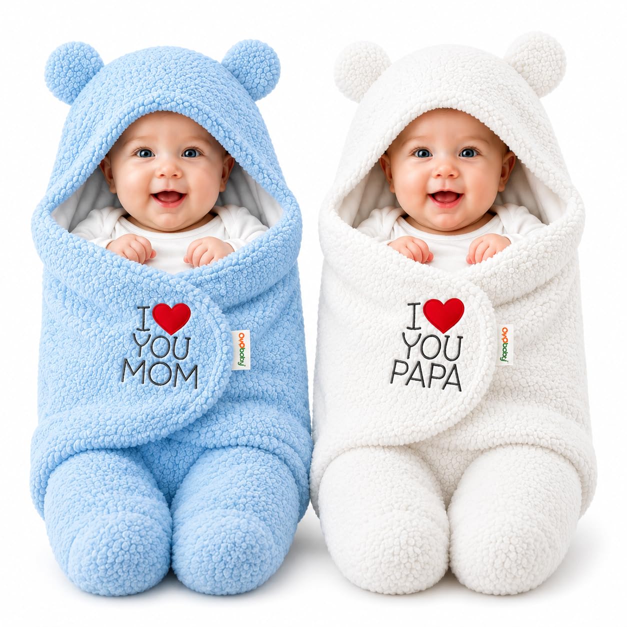 OYO BABY Newborn Hooded Swaddle Blanket Combo – Wearable Wrapper Sleeping Bags (0-6 Months, 72x68cm), Blue & White, I Love MOM & PAPA Embroidery
