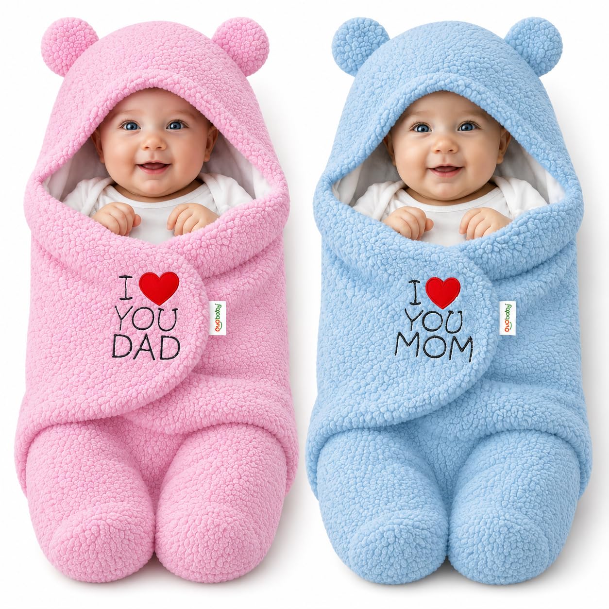 OYO BABY Newborn Hooded Swaddle Blanket Combo - 2 Pcs Sherpa Fleece Wearable Wrap with Bear Ears, I Love You Dad & Mom (0-6 Months, Pink & Blue)